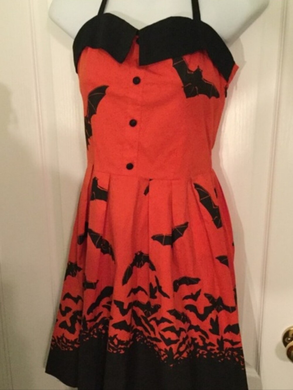 Sourpuss 🦇 Black Bat Print On Red Fit-and-Flare Rockabilly Swing Dress (S)🦇🦇